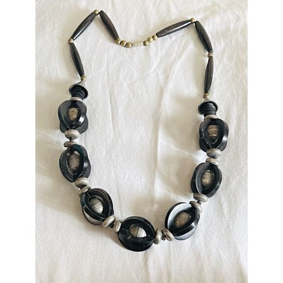 Necklace VTG Statement Collar Modernist Rare Beaded Silver Black Boho Massive - Picture 3 of 6